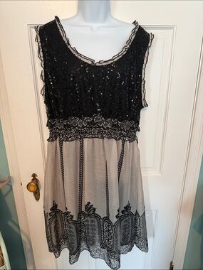 American Rag Black Sequin & Printed Overlay Lace Dress with Taupe Skirt